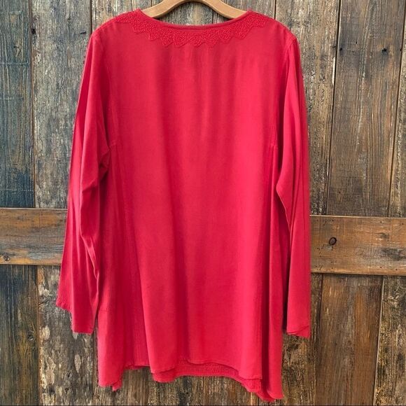 Fabulous Tomato Red Henley BOHO Relaxed Oversized Embroidered Long Sleeve Tunic - Picture 3 of 12